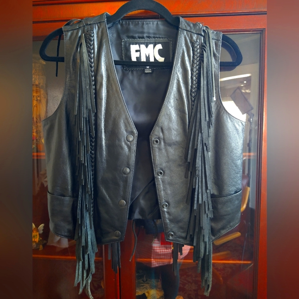 FMC leather fringe vest biker motorcycle size M